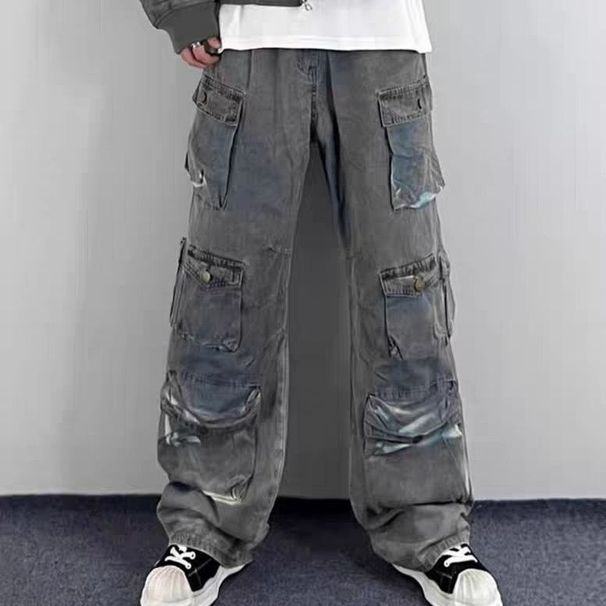 American Style New Pocket Straight Workwear Washed High Street Loose Tube Jeans Casual Ins Pants_mkmklike.com