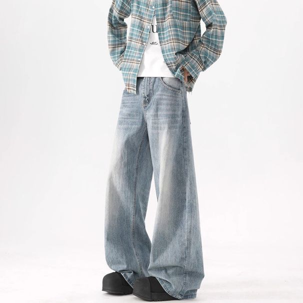 Men's Washed Denim Jeans High Street Loose Fit Straight Leg Casual Pants For Teen Boys Fashion Trends_mkmklike.com