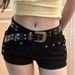 K Spicy Girl's Dark Hip Hugging Small Black Pants With Rivet Design, Denim Super Shorts, Women's Low Waist Hot Pants._mkmklike.com