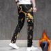 Trendy Brand Gold Print Jeans Men, Personalized Slim Fit Skinny Pants, Street Style Youth Casual Stretch Fleece-Lined_mkmklike.com