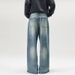 Men's Washed Denim Trousers Loose Fit Relaxed Wide Leg Casual Wear with Splatter Paint Design Retro American Style_mkmklike.com