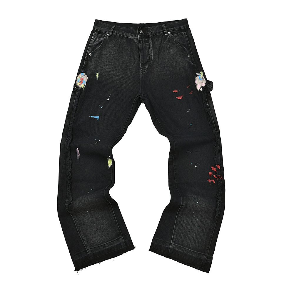 Men's Clothing Loose Straight Leg Work Jeans Trendy High Street Style Splatter Paint Trousers ( Black)_mkmklike.com