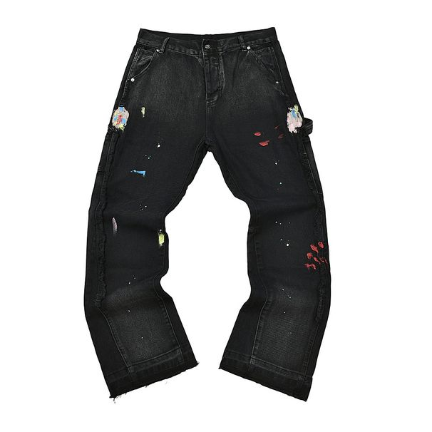 Men's Clothing Loose Straight Leg Work Jeans Trendy High Street Style Splatter Paint Trousers ( Black)_mkmklike.com