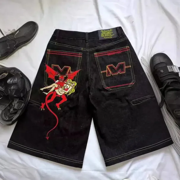 Casual Hip Hop Men's Embroidery Straight Leg Jeans High Street Style Loose Fit Long Trousers Trendy Y2K Devil Beauty_mkmklike.com