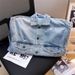 Men's Distressed Denim Jacket With Washed Effect Streetwear Style Workwear Coat, Loose Fit, Turn-Down Collar, Multiple Pockets, Casual Outerwear_mkmklike.com