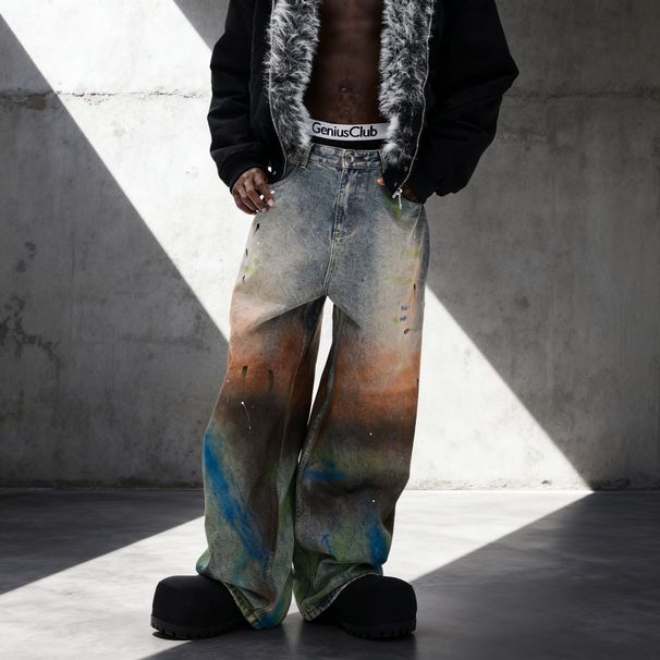 Men’s Tie-Dye Streetwear Jeans – Oversized Straight Fit, Rainbow Washed Denim (S-3XL) | Psychedelic & Hand-Painted Artistry_mkmklike.com