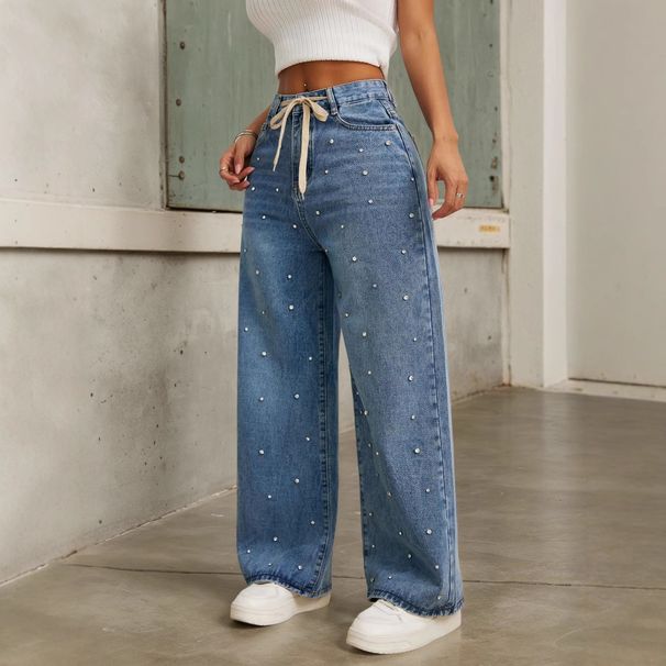 Women's Embellished High Waist Wide Leg Jeans - Flared Straight Denim Pants With Beaded Details For Casual Streetwear_mkmklike.com