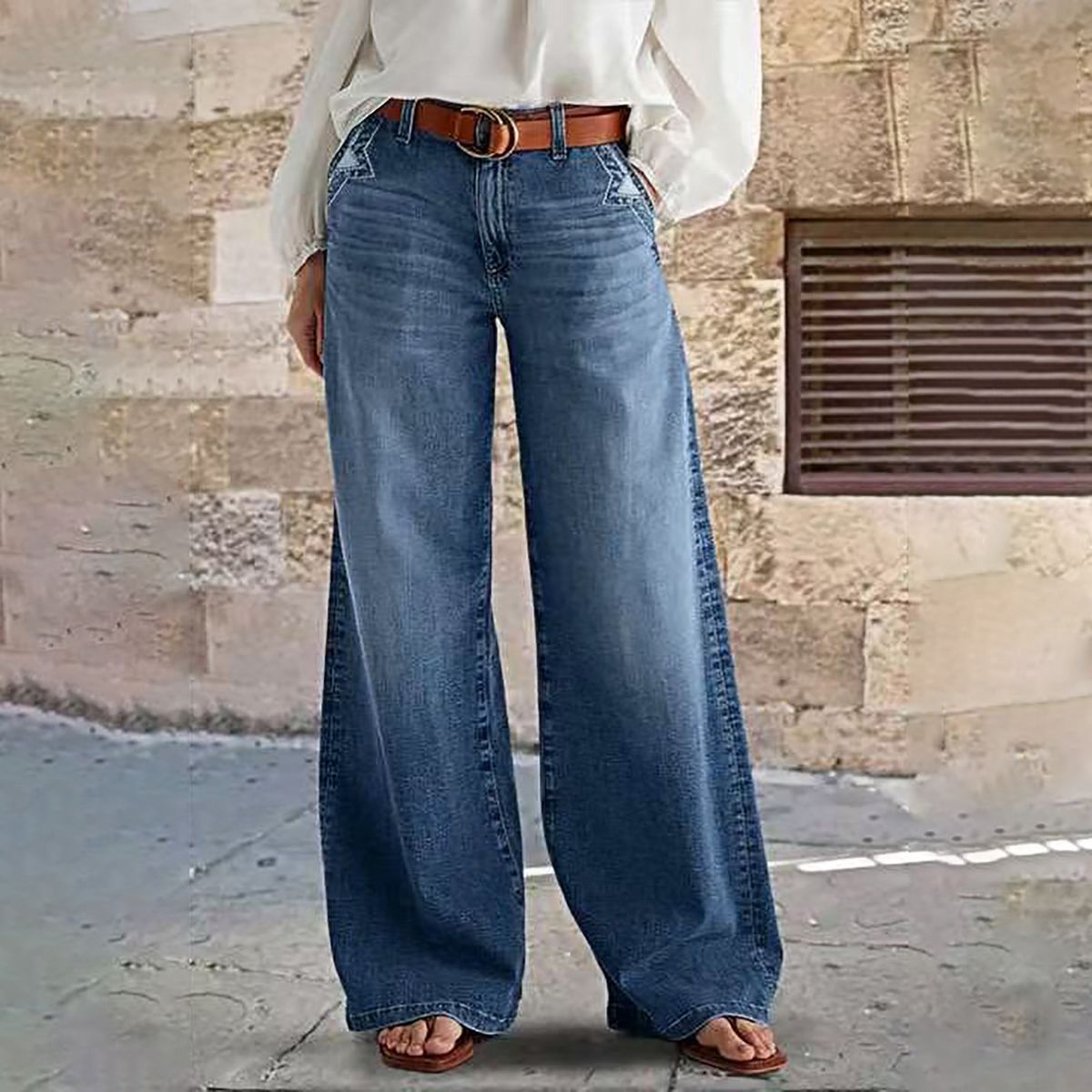 Women's High-Waisted Wide Leg Jeans – Stretch Denim & Casual Comfort (S-XXL, Navy Blue)_mkmklike.com