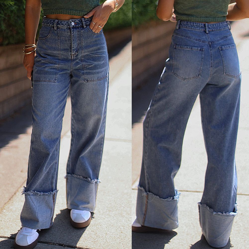 Women's Clothing High-Waisted Wide-Leg Jeans For Women Casual Loose Fit Washed Retro Style With Rolled-Up Frayed Hem_mkmklike.com