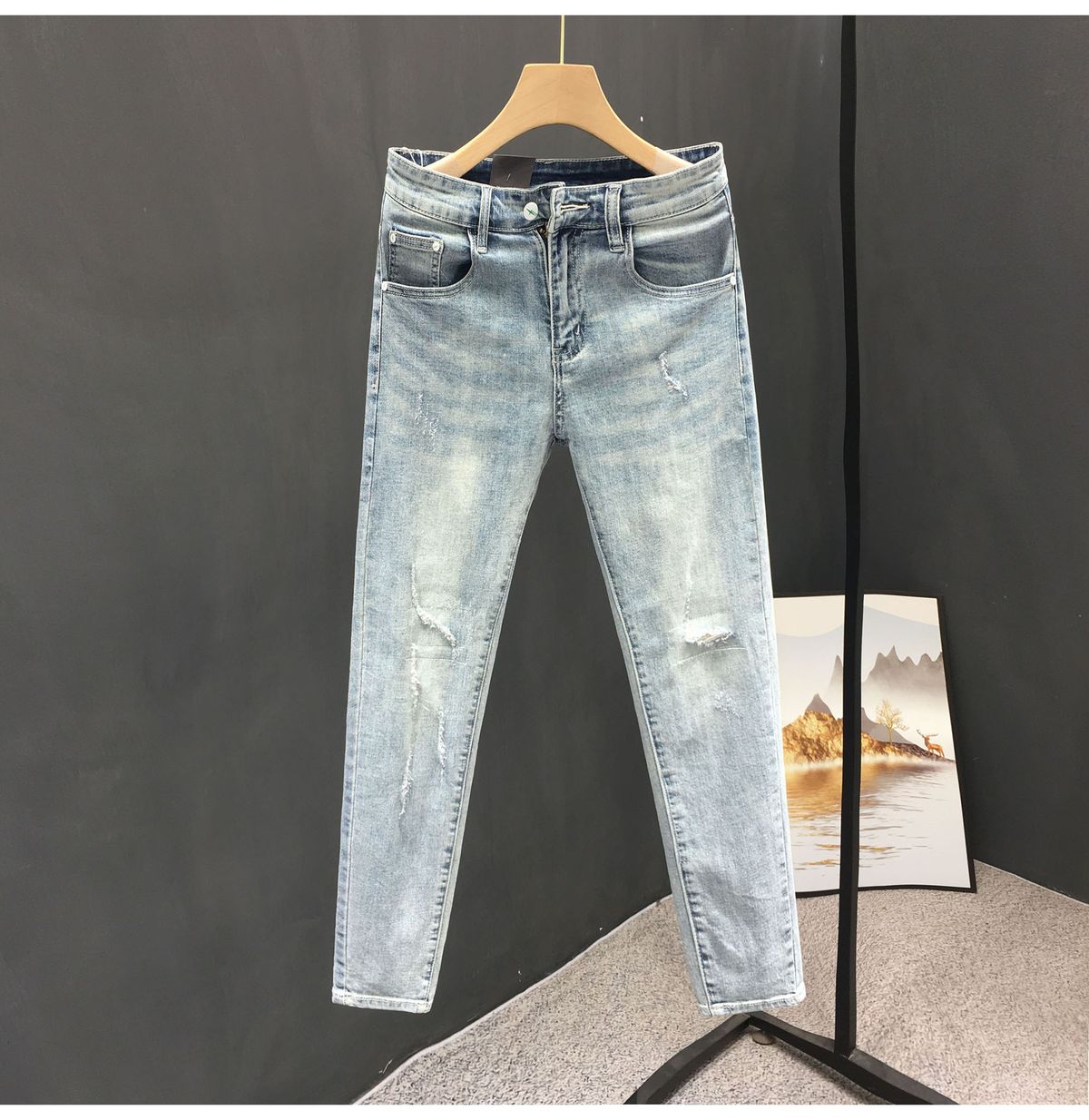 Men's Clothing Summer Heavy Wash Retro Distressed Ripped Jeans Men's Trendy Brand Handsome Scraped Slim Fit Skinny Nine Point Pants_mkmklike.com