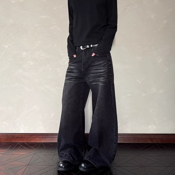 Men's Clothing Vintage American Ripple Wash Distressed Jeans For Men & Women - Relaxed Fit Straight Leg Denim Pants With Cat Whisker Details_mkmklike.com