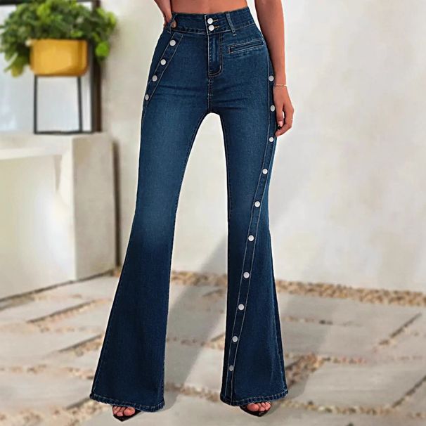 European And American Size Buttoned Denim Bell-bottom Pants TK OZON Women's Flared Jeans_mkmklike.com