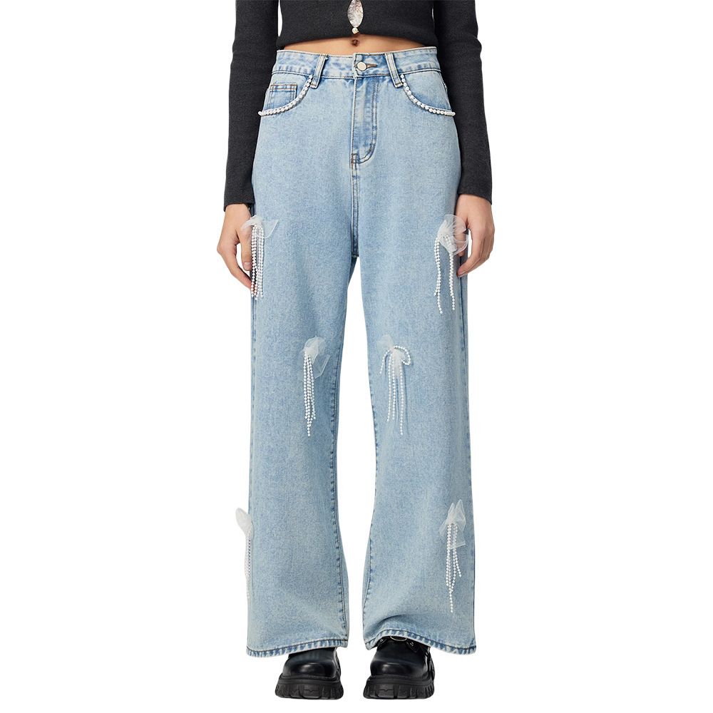 Women's Clothing Butterfly Embellished High Waist Wide Leg Jeans For Women - Flowy Denim Pants With Bohemian Style, Comfortable Cotton Blend, XS-2XL_mkmklike.com