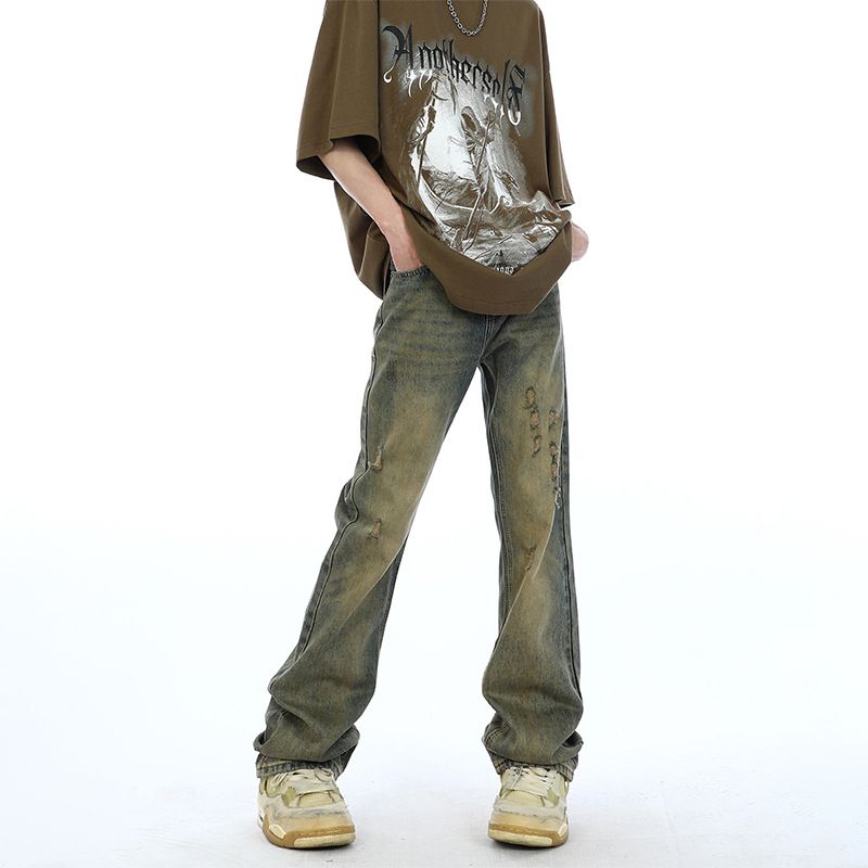 Nordmann Mud Yellow Ripped Jeans Men 2025 New High Street Retro Long American Style Straight Loose Casual Pants_mkmklike.com