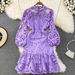 Women's Retro palace style stand-up collar puff sleeve waist slimming A-line ruffled crochet hollow water-soluble lace dress_mkmklike.com