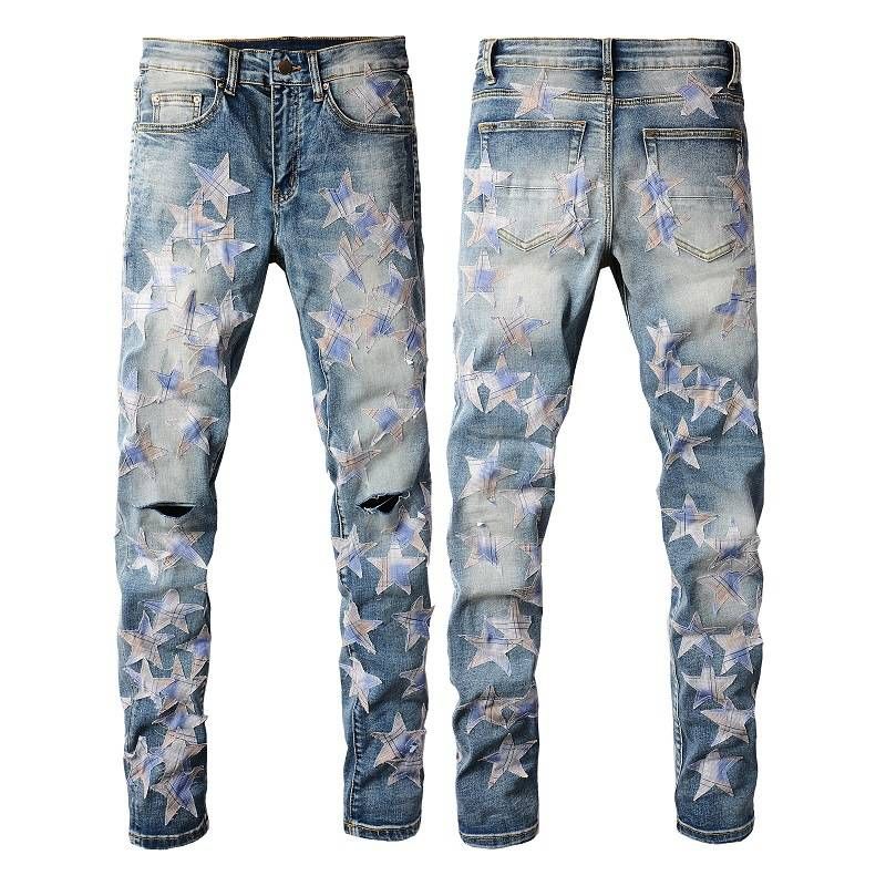 Men's Clothing Slim High Street High Craft Star Patch Slim Fit With Star Patches & Stretch Comfort - High Street Fashion Denim Pants For Urban Style_mkmklike.com