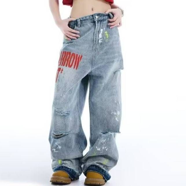 Streetwear Vintage Washed Blue Jeans – Oversized Splatter Paint & Ripped Denim Pants (Unisex, S-3XL, High-Waisted, Straight-Leg, Drop-Hem)_mkmklike.com