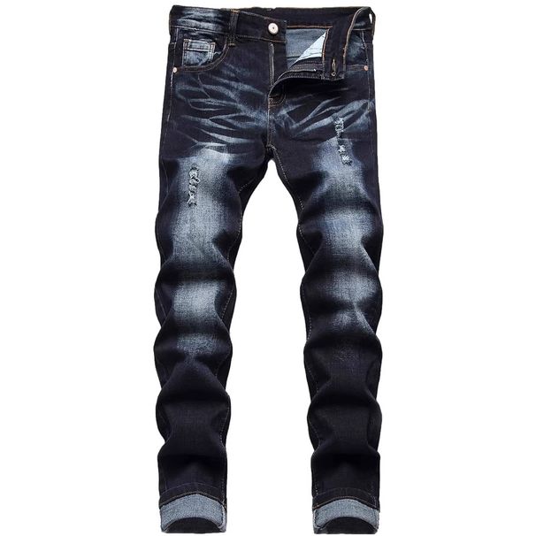 Men's Slim Fit Stretch Ripped Jeans Dark Blue Multi Layered Design Trousers_mkmklike.com
