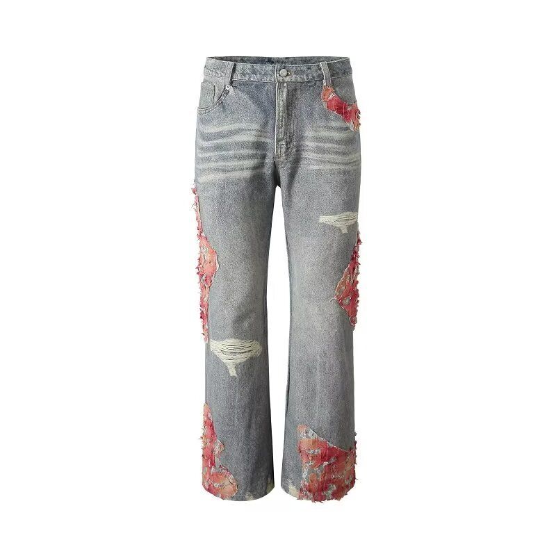 2027 Fashion American Retro Hip-Hop Jeans Women Cotton Mid Waist Embroidery Splicing Broken Hole Washed Do Old Vintage Straight Type Denim Pants_mkmklike.com