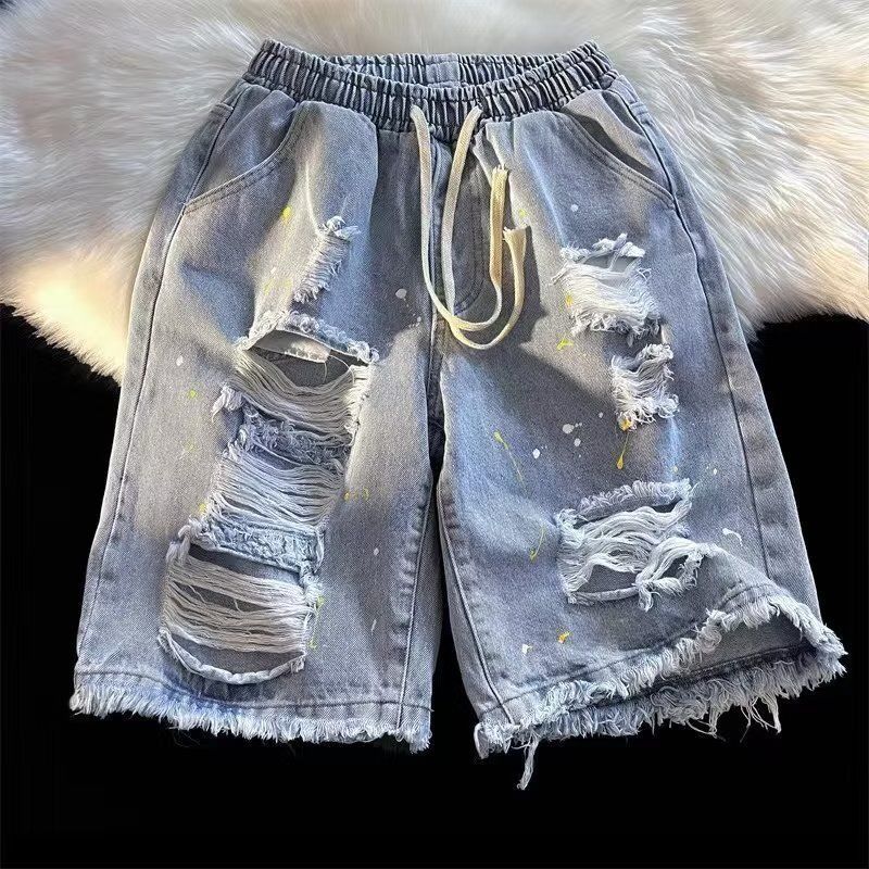 Vintage Washed Blue Denim Shorts For Men, Loose Fit Straight Leg Casual Summer Shorts With Distressed Details_mkmklike.com