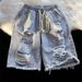 Vintage Washed Blue Denim Shorts For Men, Loose Fit Straight Leg Casual Summer Shorts With Distressed Details_mkmklike.com