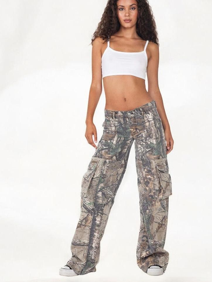 Vintage Streetwear Camo Cargo Pants For Women - Low Waist, Multiple Pockets, Straight Leg, Quick-Dry, Retro Military Style_mkmklike.com