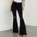 Trendy High-Waisted Flared Jeans For Women - Stretchy Ripped Hem Bell Bottom Pants With Raw Edge Detail - Slim Fit & Comfortable (Black)_mkmklike.com