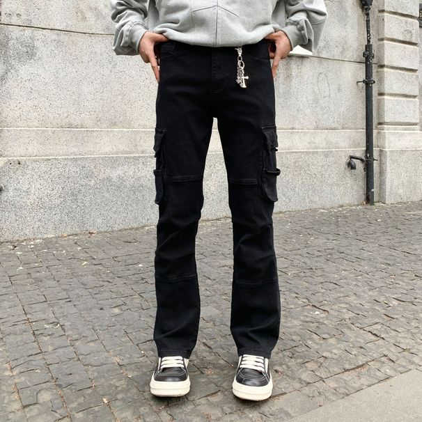 Men's Black Cargo Jeans - Streetwear Workwear Pants With Utility Pockets | Relaxed Straight Fit | Distressed & Washed Denim_mkmklike.com