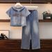 Summer Fashion Denim Two Piece Suit Elastic Trousers Hooded Jacket Women Wide Leg Stylish Loose Slim Two Piece Set_mkmklike.com