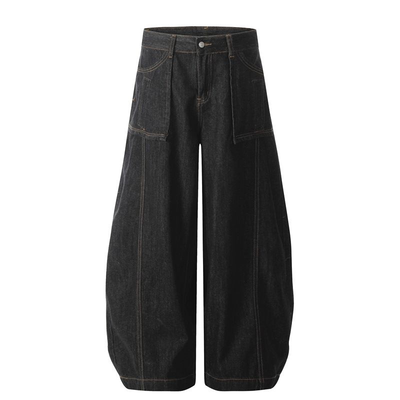 Men's Black Washed Jeans – Streetwear Baggy Denim Pants With Distressed Details (Straight-Leg, Mid-Rise, Zip Fly, Cotton Blend, Unisex Urban Style)_mkmklike.com