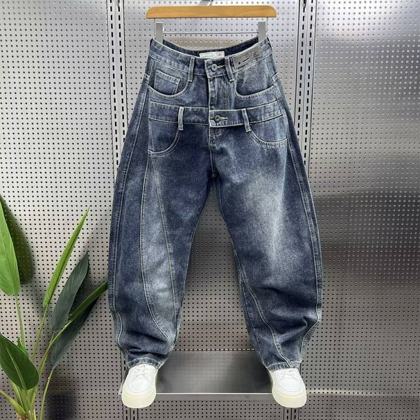 Men's Clothing American Style Washed Retro Hip Hop Denim Curved Trousers Trendy Patchwork Wide Leg Trousers For Autumn And Winter Cool And Stylish_mkmklike.com