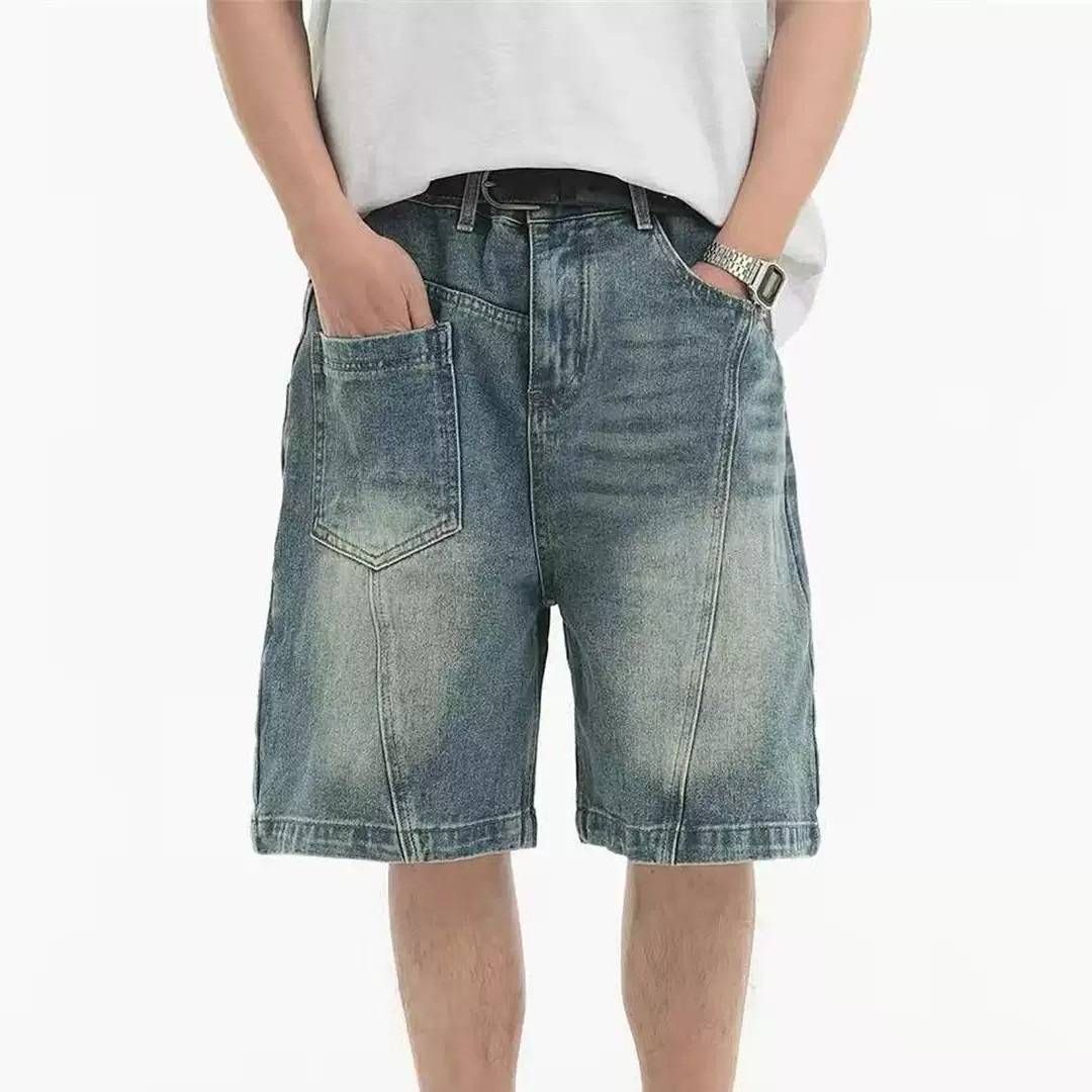 Retro Washed Denim Shorts For Men Patchwork Design Summer Casual Loose Fit_mkmklike.com