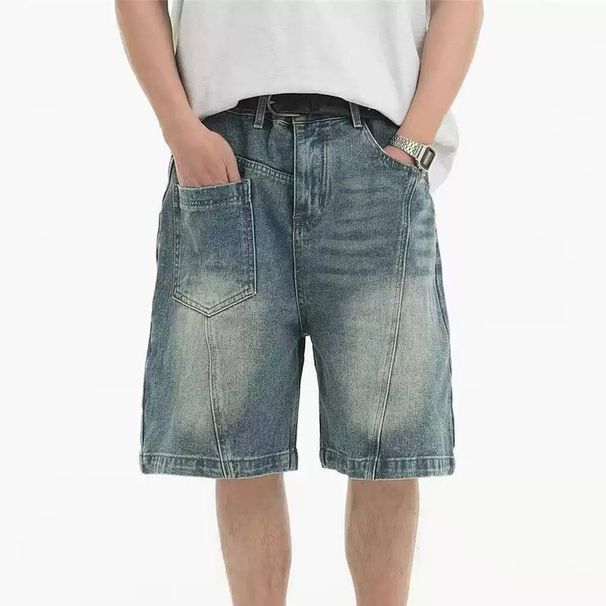 Retro Washed Denim Shorts For Men Patchwork Design Summer Casual Loose Fit_mkmklike.com