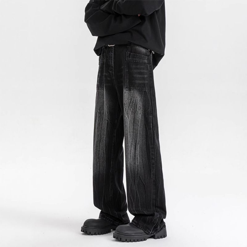 Men's Retro Lightning Print Jeans – Loose Straight Wide Leg Denim Pants For Streetwear & Casual_mkmklike.com
