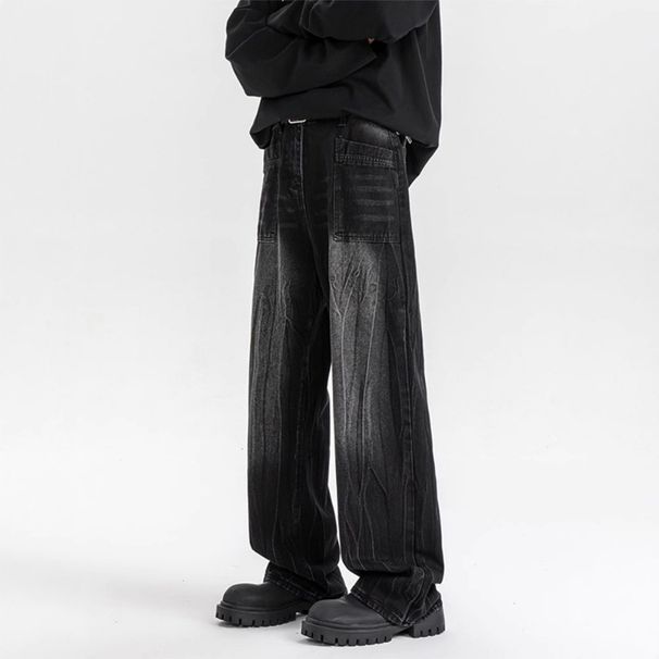 Men's Retro Lightning Print Jeans – Loose Straight Wide Leg Denim Pants For Streetwear & Casual_mkmklike.com