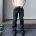 Unisex High-Waist Flared Jeans, Raw Deep Blue With Neon Green Zigzag Embroidery, Y2K Summer Streetwear_mkmklike.com