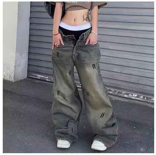 Vintage Washed Print Jeans Women's Low-Rise Loose Fit Distressed Flare Boho Streetwear Casual Long Pants_mkmklike.com