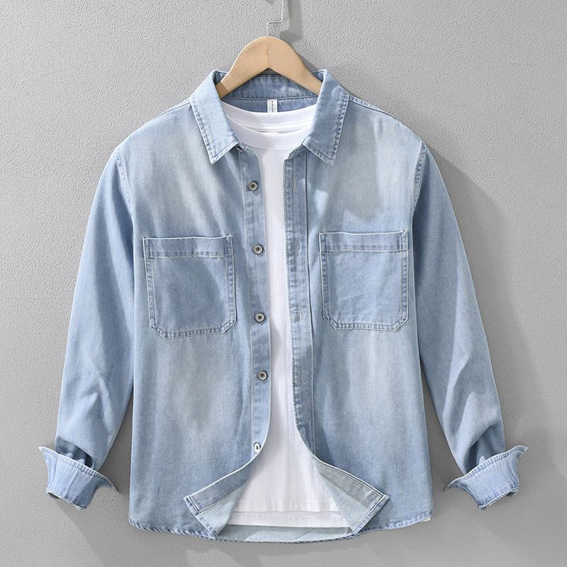 Retro Denim Long Sleeved Shirt For Men, Fashionable And Versatile, Artistic And Casual Loose Top_mkmklike.com