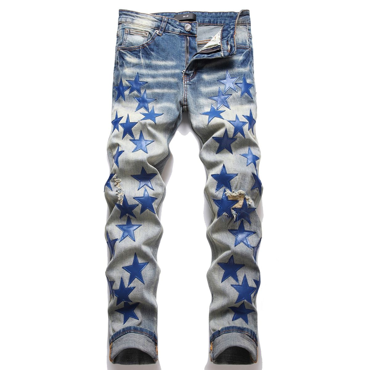 Vintage Punk Rock Distressed Denim Jeans For Men, Slim Fit Skinny Jeans With Ripped Details & Star Stitching, Blue Washed Tapered Leg_mkmklike.com