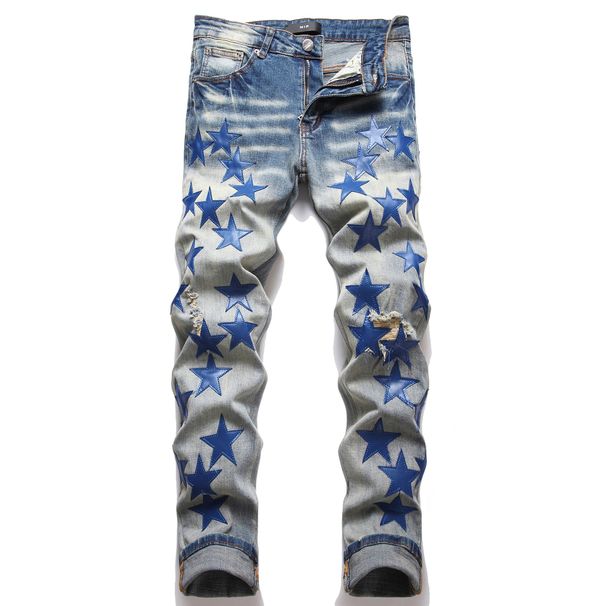 Vintage Punk Rock Distressed Denim Jeans For Men, Slim Fit Skinny Jeans With Ripped Details & Star Stitching, Blue Washed Tapered Leg_mkmklike.com