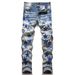 Vintage Punk Rock Distressed Denim Jeans For Men, Slim Fit Skinny Jeans With Ripped Details & Star Stitching, Blue Washed Tapered Leg_mkmklike.com