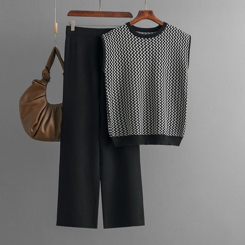 Women's Clothing Fashion suit for women, new sleeveless striped sweater top, two piece suit, high waist straight wide leg pants_mkmklike.com
