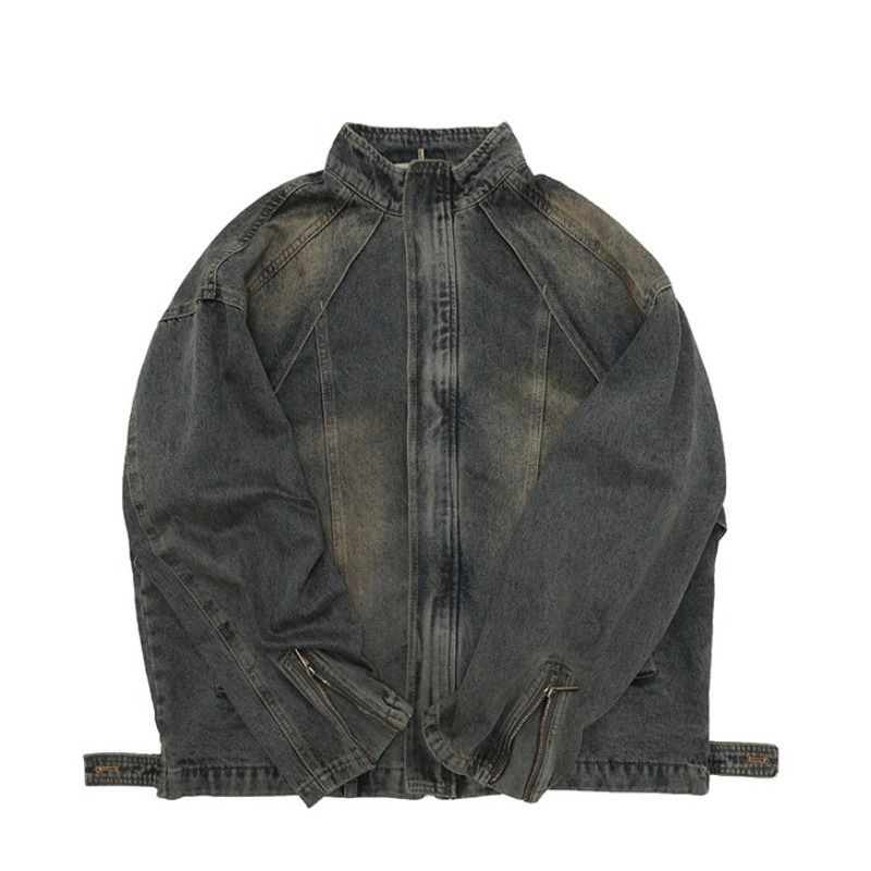 American Washed Yellow Mud Dyed Blue Stand Up Collar Denim Jacket For Men_mkmklike.com