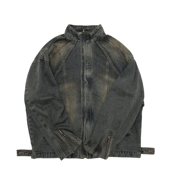 American Washed Yellow Mud Dyed Blue Stand Up Collar Denim Jacket For Men_mkmklike.com