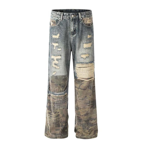 Vintage Camo Patchwork Distressed Embroidered Ripped Jeans For Men & Women - Loose Fit Streetwear Denim Pants_mkmklike.com