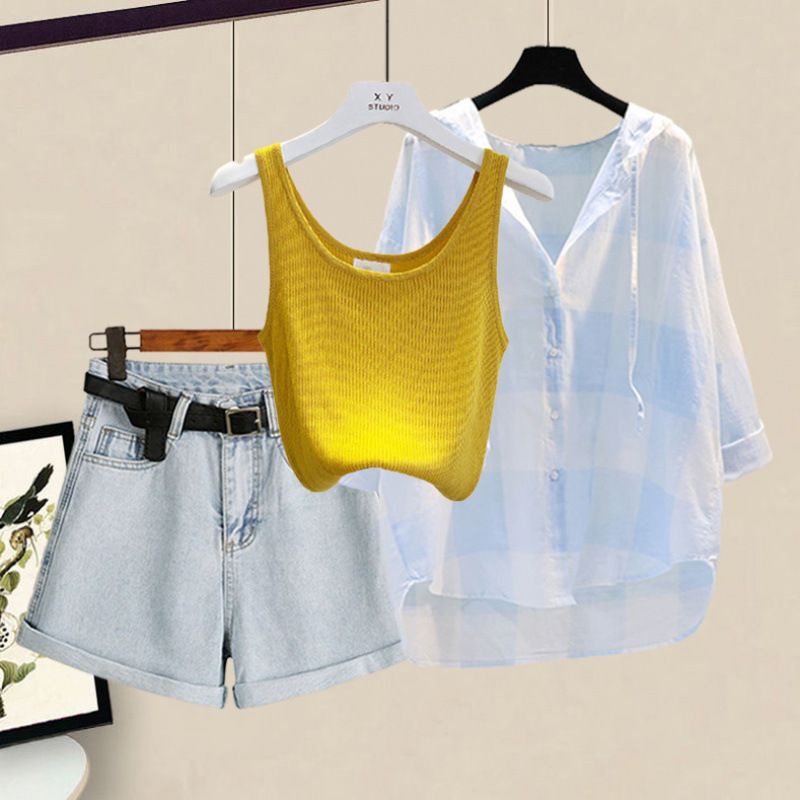 Women's Clothing Summer Wear For Women New Sun Protection Shirt Slim Vest Fashion Casual Denim Shorts Three Piece Set_mkmklike.com