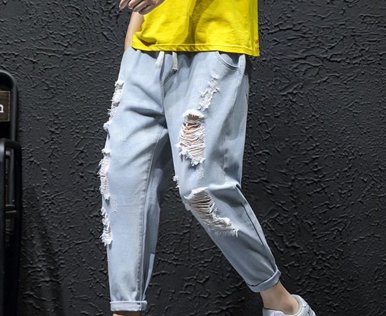 Men's Clothing Summer Hong Kong Style Ripped Jeans Men's Large Size Skinny Beggar Pants Fat Man Harem Pants Trendy Nine Point Pants_mkmklike.com