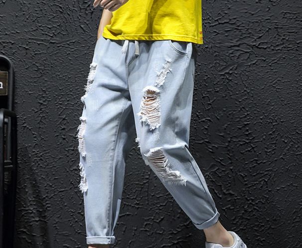 Men's Clothing Summer Hong Kong Style Ripped Jeans Men's Large Size Skinny Beggar Pants Fat Man Harem Pants Trendy Nine Point Pants_mkmklike.com