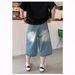 Unisex Vintage Washed Denim Bermuda Shorts Relaxed Fit Mid-Length Cargo Pants Raw Hem Blue S-3XL_mkmklike.com