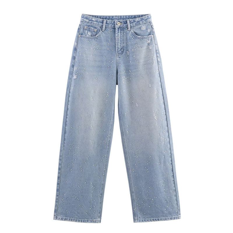 High Waisted Straight Leg Jeans And Rhinestone Short Denim Jacket American Style Two-Piece Outfit For Women_mkmklike.com